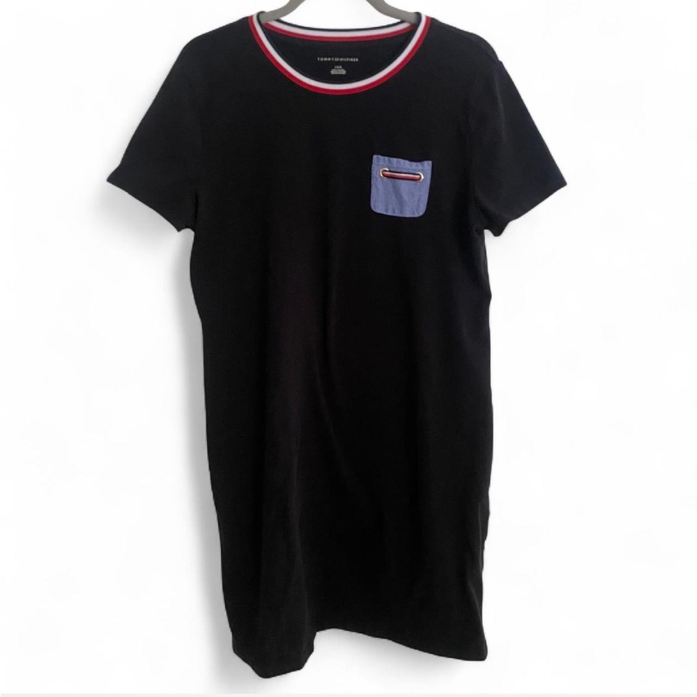 TOMMY HILFIGER BLACK SHORT SLEEVE T SHIRT DRESS CHAMBRAY POCKET SIZE LARGE